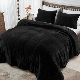 Hcora 445048380395 Faux Fur Size Comforter Set Super Soft Double-sided Fuzzy Bedding King Black