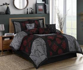 451212 Hig 7 Piece Comforter Bed Set King - Gray And Red Jacquard Patchwork