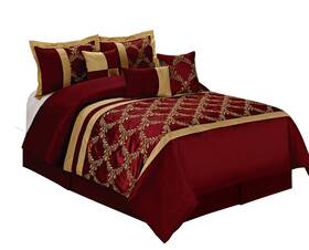Hig 703624981105 7 Piece Comforter Set King - Burgundy And Gold Faux Silk Fabric Embroidered