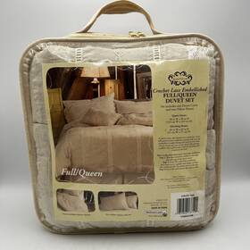 Home Trends 042075602710 3pc Full/queen Crochet Lace Vintage Duvet Shams Comforter Set Beige