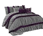 Homechoice-caralina-q Bednlinens Piece Caralina Gray With Purple Stripe Ruffled Pleated Comforter