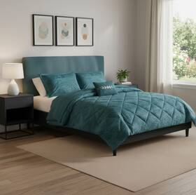 679887 Homeroots Set Of Four Teal Blue King Ring Stitch Polyester Sham And Comforter
