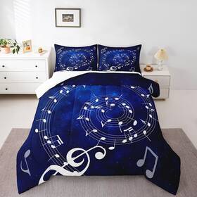 Cyjs3294wyt-bz Homewish Music Note Swirl Full Size Comforter Set Blue Starry Sky Bedding For Adul
