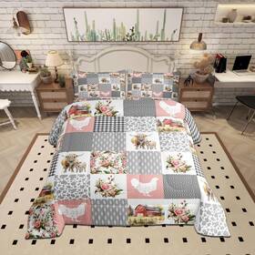 Tyts10817cdx-bz Homewish Farmhouse Barn Full Size Comforter Set Chicken Highland Cow Flowers Grid Bedd