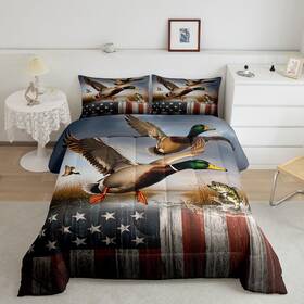 Wws22267ydd-bz Homewish American Flag Printed Comforter Set Queen Size Flying Wild Duck Bass Fish Bed