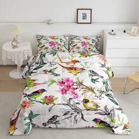 Zzrs4496wyt-bz Homewish Usf Birds Pattern Full Size Comforter Set Spring Flowers Bedding For
