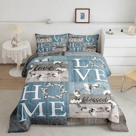 Zzrs536zmd-bz Homewish Usq Rustic Farmhouse Comforter Set Queen Size Blue White Patchwork Wooden Board Q