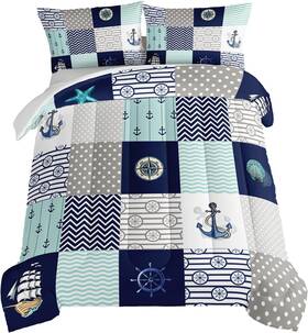 Hosima 445025943964 Nautical Comforter Set Queen Plaid Patchwork Ocean Themed Bedding Sailboa