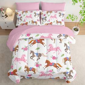 B0dj586hwg Hosima 7pcs Pink Rose Horse Princess Comforter Set Fullgirls Full Size Bedding