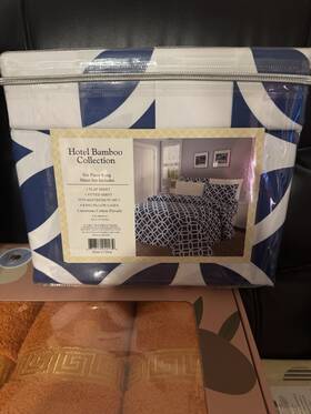 F1954-0313 Hotel Bamboo Collection King Sheet Set 6pc Blue White Geometric Cotton Percale