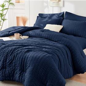 Hymokege 313037670611 Navy Blue King Size Comforter Set Seersucker 7 Pieces All Season Luxur