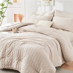 Hymokege 313103863831 Beige Queen Comforter Set Seersucker 7 Pieces All Season Luxury Bed In