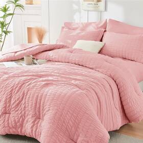 Hymokege 313105739707 Rose Pink Full Size Comforter Sets Seersucker 7 Pieces All Season Luxu