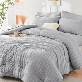Hymokege 445057341370 Light Grey Queen Comforter Set Seersucker 7 Pieces All Season Luxury B