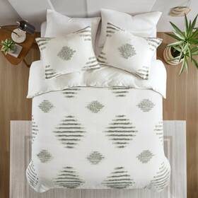 91218684 Ink Ivy 3pc Full/queen Tahli Cotton Blend Chenille Duvet Cover Set Green/ivory -