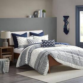 Ii10-1061 Ink Ivy Queen Comforter Set Chevron Chenille Tufting Boho Comforters 3pc Navy