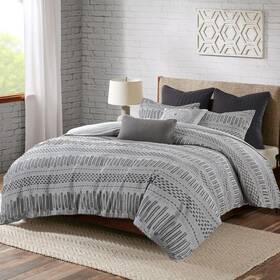 Ii10-1100 Ink Ivy Cotton Comforter Mid Century Bedding Set Shams Full/queen 88 Inch X92 Grey