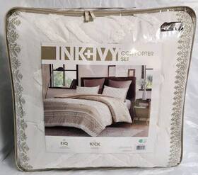 Ii10-1124 Ink Ivy Comforter Set 3pcs Cotton Tufted White Chevron Chenille Taupe Full/queen