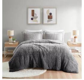 Intelligent Design 022164188325 Comforter Set King/cal King Ombre Shaggy Long Faux Fur Gray