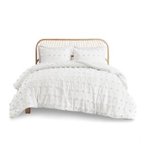Intelligent Design 022164213089 Queen Comforter Set Clipped Jacquard Chic Pompoms Accent All
