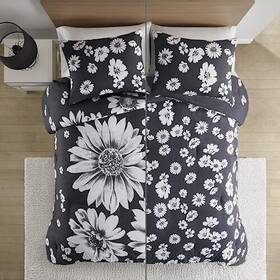 Intelligent Design 022164257908 Floral Comforter Set Trendy Black And White Cover Reversible All Season Do