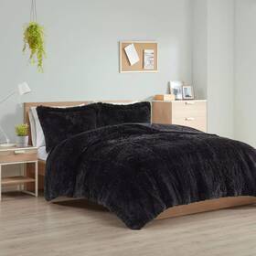 Intelligent Design 086569374844 Shaggy Comforter Set Faux Fur Cozy Down-twin Twin Xl Black