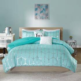 Intelligent Design 313107773730 Khloe 5-piece Aqua/silver Microfiber Full/queen Ultra Soft Metallic Print Comfor