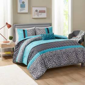 Intelligent Design 445042650661 Camille 4-piece Teal Microfiber King/cal King Leopard Print Comforter Set