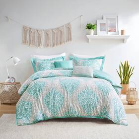 Id10-898 Intelligent Design 675716780562 Senna Comforter Set King/cal King Size - Aqua Blue/gray Damask 5