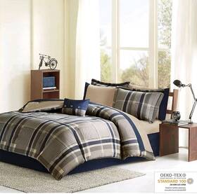 Intelligent Design 675716965617 Twin Navy Blue And Taupe Plaid Comforter Set Sheet