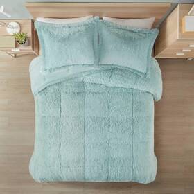 84275360 Intelligent Design Full/queen Leena Shaggy Long Faux Fur Comforter Mini Set Aqua Blue