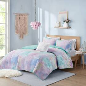 91218656 Intelligent Design Twin/twin Extra Long Lisa Watercolor Tie Dye Printed Quilt Set With Throw
