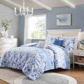 92120549 Intelligent Design Full/queen Lena Floral Striped Comforter Set Blue