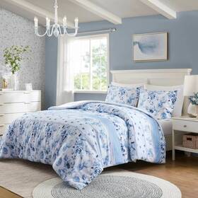 92164911 Intelligent Design Full/queen Lena Floral Striped Duvet Cover Set Blue