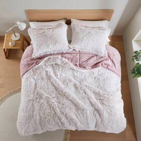 93533251 Intelligent Design Full/queen Leena Shaggy Faux Fur Comforter Mini Set Pink