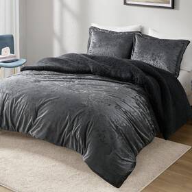 Id10-2380 Intelligent Design Mira Velvet Comforter Set Soft And Cozy Sherpa Reverse Fluffy Queen Charcoal 3pc