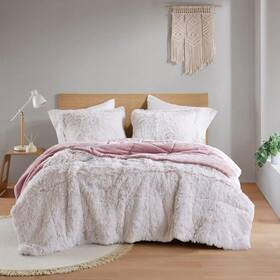 Id10-2442 Intelligent Design Leena 3-pieced Pink/white Polyester King/california King Shaggy Long Fur Set