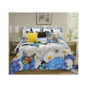 Interloper 654170884030 Butterflies And Flowers Comforter Set 7 Piece Queen Size Oversized Overfilled Blue