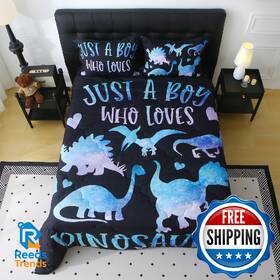 B0fh4197lz Jameswish 7 Piece Boys Dinosaur Comforter Set Queen Size Blue Dinosaurs Microfib