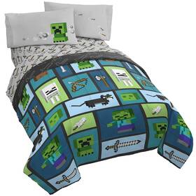 B084c4r45j Jay Franco Minecraft Chibi College 5 Piece Full Bed Set - Includes Reversible