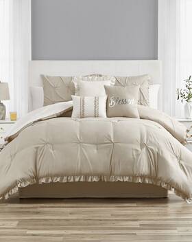 Jessica Sanders 091116722467 Pintuck Ruffled 7 Pc Queen Comforter Set Beige With Throw Pillows