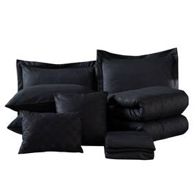Jml 745128702145 10-piece Solid Plaid Comforter Set Black Queen