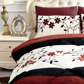Jml 768692705688 3-piece Floral Printed Sherpa-backing Reversible Comforter Brown Red Quee