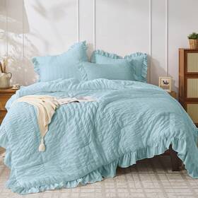 Dmjpps3-lb-q Jollyvogue Light Blue Queen Comforter Set 3 Pieces Seersucker Comforters Que