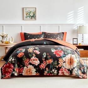 Jr-sbig15a-q Joyreap 7 Piece Bed In A Bag Queen Floral Comforter Sheet Set Black N Orange Flower