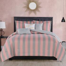 Jyz021359 Juicy Couture Cabana Stripe Reversible Bedding Set - King Size Pink And Gre
