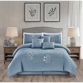 Kashi Home 815634117846 Cecily 7 Piece Embroidered Comforter Set Nautical King Queen