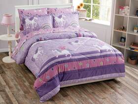 Kids Zone Home Linen 665752456101 Collection Full Size Comforter And Sheet Set Unicorn Castle Rainbow Lave