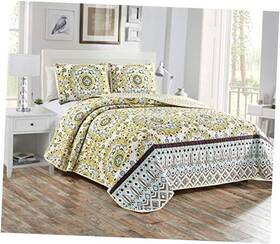 B07zwjnvv1 Kids Zone Home Linen 3pc King/cal King Quilted Bedspread Set Floral Bedding Yellow White Dark