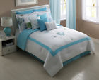 Kinglinen 12 Piece King Peonies Blue Embroidered Comforter Set 849183013793